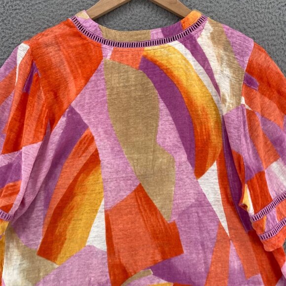 Chicos Top Womens 3 US Extra Large Orange Multi Linen Abstract Lace Detail Slub - Picture 4 of 9
